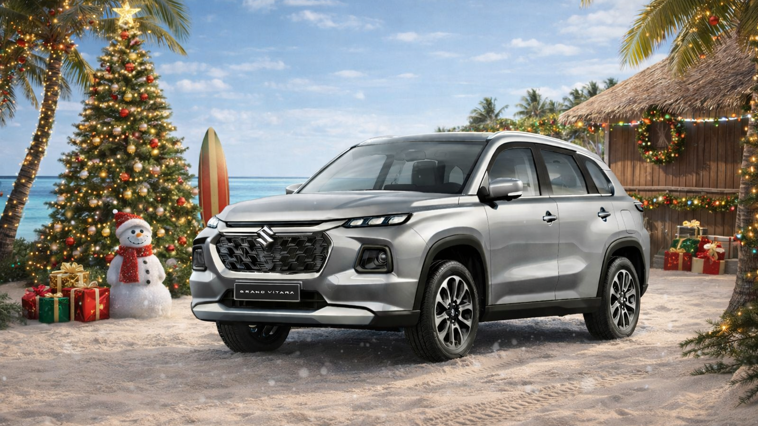 Silver Suzuki Grand Vitara SUV in a warm tropical Christmas setting with festive decorations